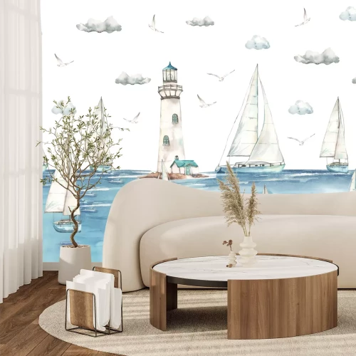 Papier peint  Navires à voile sur la mer avec un phare en arrière-plan