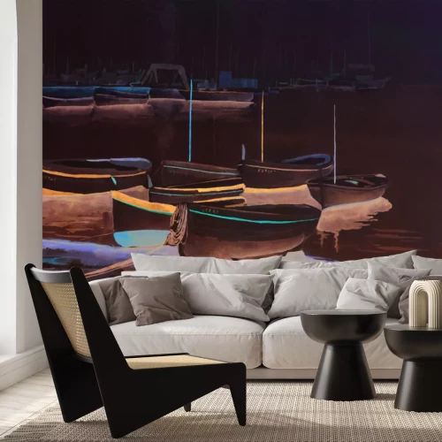 Papier peint  Motif peint avec des bateaux sur le rivage