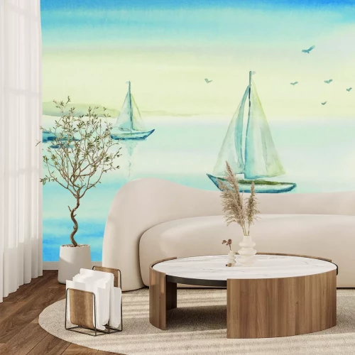 Papier peint  Voiliers sur un lac parmi les montagnes et les oiseaux
