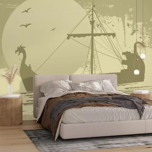 Papier peint  Navire pirate en mer sur fond de lune