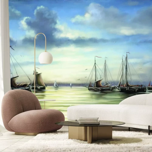 Papier peint  Paysage marin peint avec des voiliers