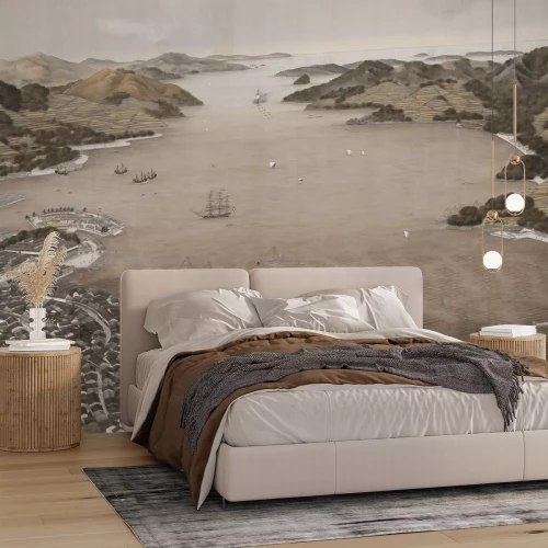 Papier peint  Vue sur une ville côtière entourée de montagnes