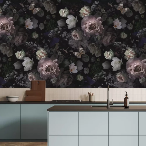 Papier peint  Fleurs 3D romantiques sur fond sombre