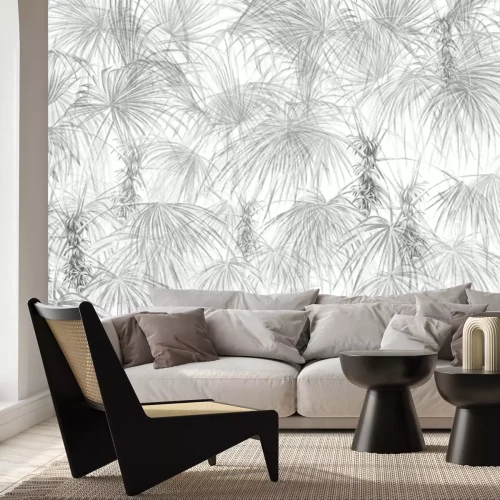 Papier peint  Arbres de palmiers avec des feuilles tropicales grises sur fond blanc