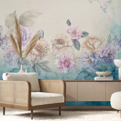 Papier peint  Fleurs roses et orange sur fond aquarelle