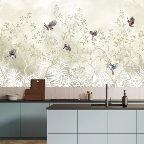 Papier peint  Oiseaux parmi les branches des arbres sur fond en béton vert