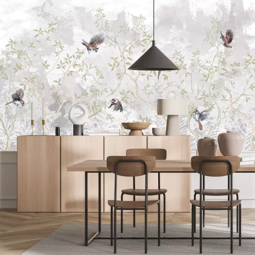 Papier peint  Oiseaux sur les branches des arbres, fond en béton