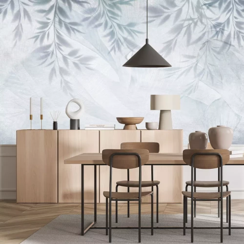 Papier peint  Feuilles sur un modèle de texture botanique de fond bleu