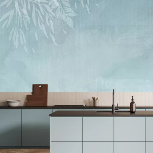 Papier peint  Feuilles sur un fond de texture bleue Modèle minimaliste