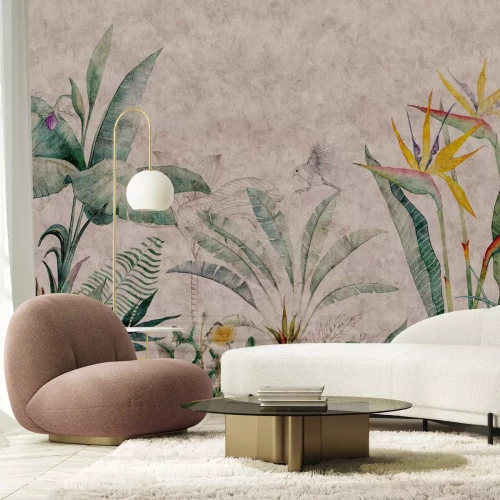 Papier peint  Plantes tropicales et oiseau, motif botanique sur fond en béton