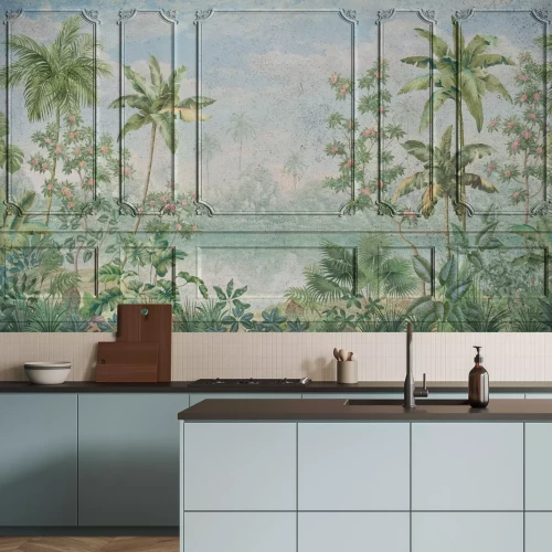 Papier peint  Paysage tropical avec des palmiers sur fond de stuc