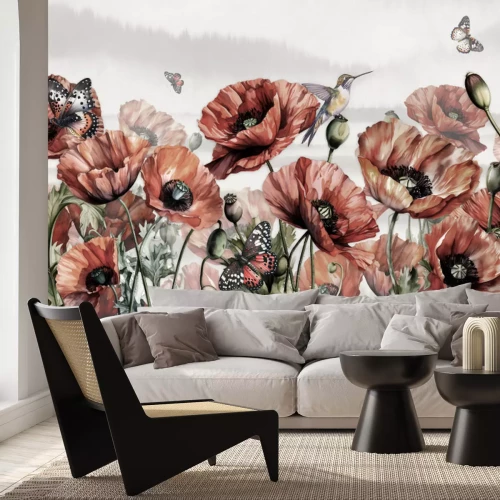 Papier peint  Coquelicots Rouges, Colibris et Papillons