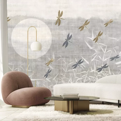 Papier peint  Libellules sur un Fond de Paysage Beige