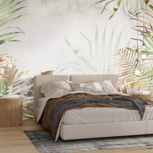 Papier peint  Grandes Feuilles Tropicales sur un Fond en Béton