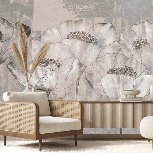 Papier peint  Coquelicots Blancs, Fleurs en Style Industriel