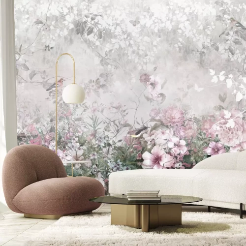 Papier peint  Fond florais fleurs pastel oiseaux et papillons