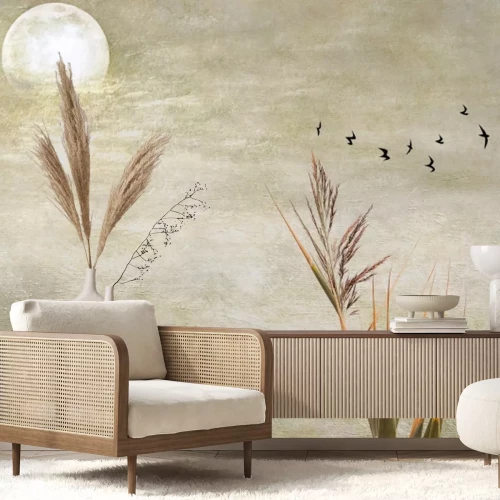 Papier peint  Pleine Lune, Oiseaux et Herbe sur un Fond en Béton