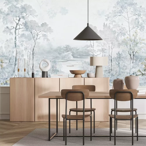 Papier peint  Paysage avec des Arbres et une Rivière, Nature en Tons de Bleu