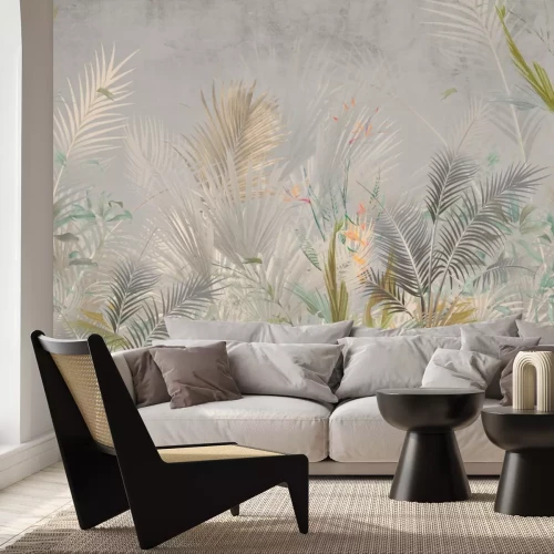 Papier peint  Végétation Tropicale avec Feuilles de Palmier sur Fond Gris