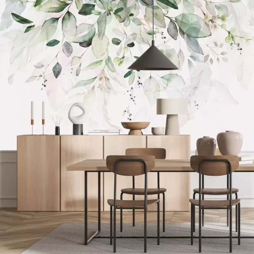 Papier peint  Branches et Feuilles en Aquarelle sur Fond Blanc