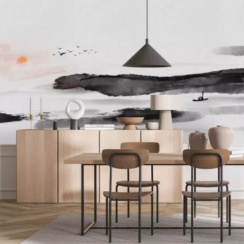 Papier peint  Paysage de Style Chinois avec Mer, Oiseaux et Coucher du Soleil