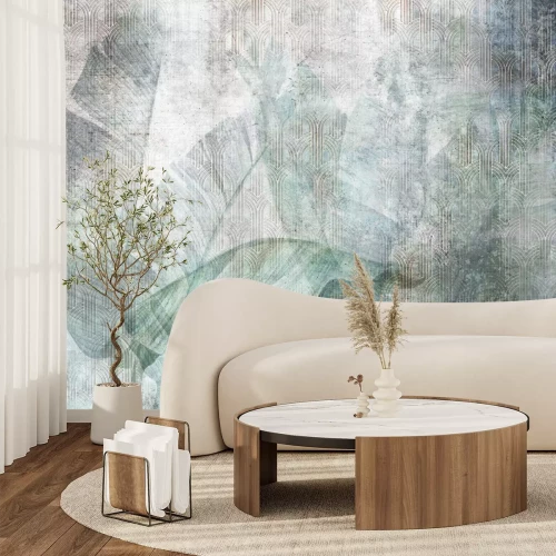 Papier peint  Feuilles Tropicales sur Fond Géométrique en Style Loft