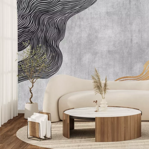 Papier peint  Lignes Noires et Dorées sur Fond Gris Minimalisme