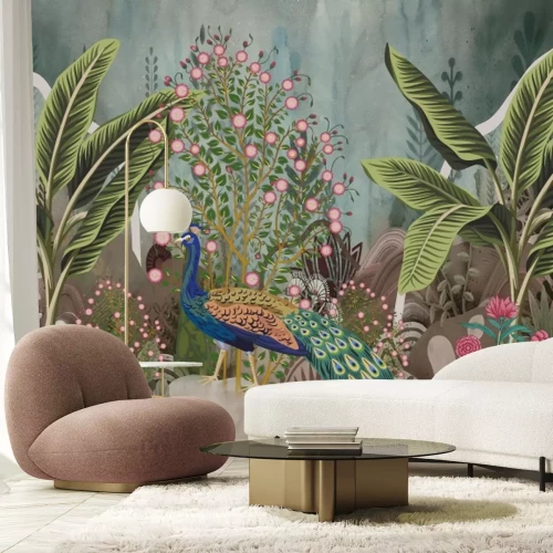 Papier peint  Paon Parmi les Plantes et Fleurs Tropicales
