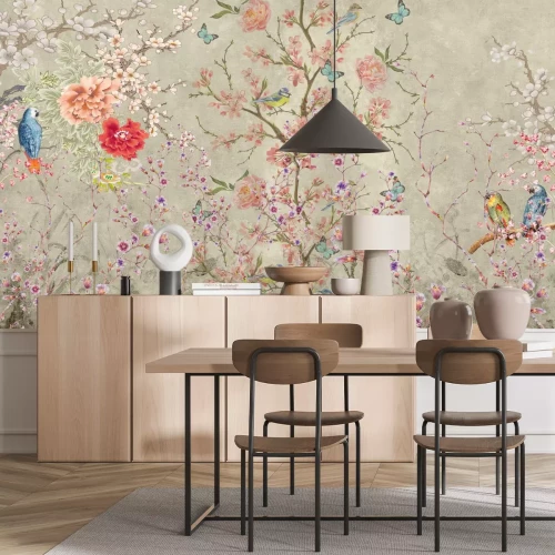 Papier peint  Arbres en Fleurs, Fleurs Colorées et Perroquets sur les Branches