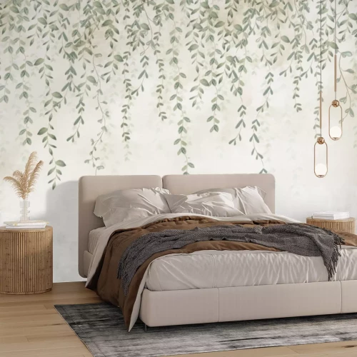 Papier peint  Feuilles Vertes et Branches Suspendues d'en Haut Style Vintage