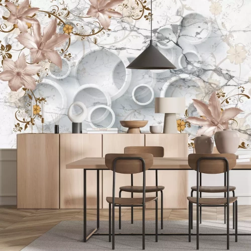 Papier peint  Fleurs de lys sur fond marbré géométrique