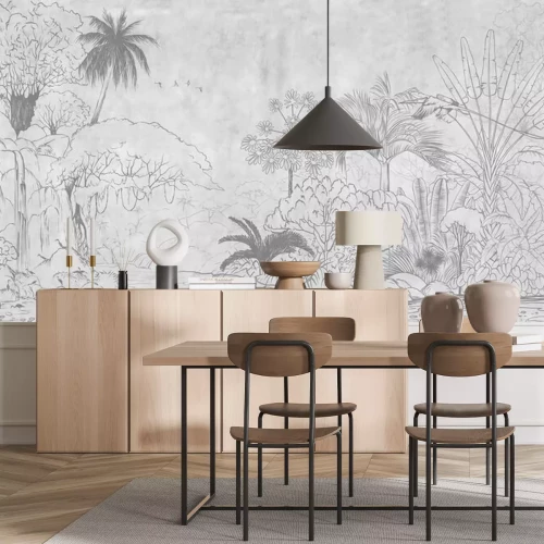 Papier peint  Tropical nature landscape, jungle with exotic tropical plants, flowers and leaves. Drawn jungle . Design for card, postcard, wallpaper, photo wallpaper, mural.