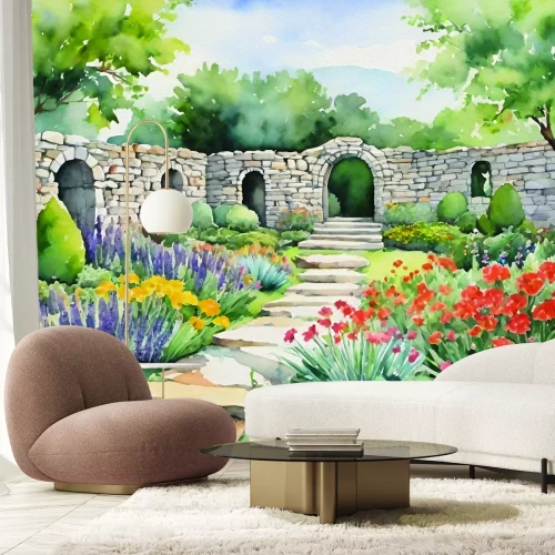 Papier peint  Paysage peint d'un jardin avec des fleurs colorées