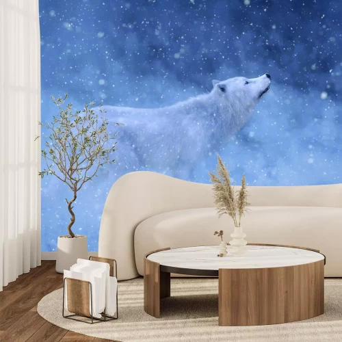 Papier peint  Loup blanc entouré d'un décor hivernal