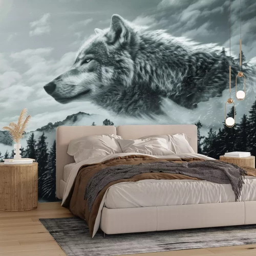 Papier peint  Forêt de conifères avec une imitation de loup dans les nuages