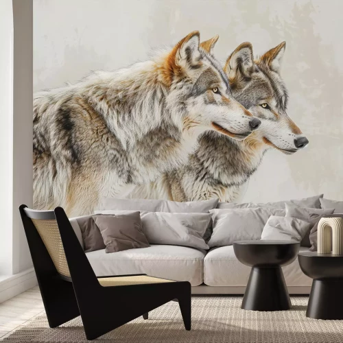 Papier peint  Couple de loups sur fond beige clair