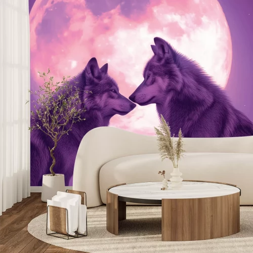 Papier peint  Peinture romantique de loups sous la pleine lune