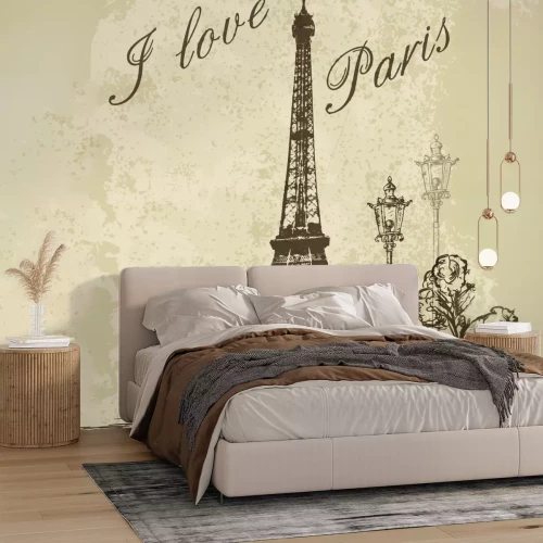 Papier peint  Motif parisien avec la Tour Eiffel sur fond beige