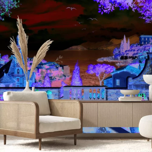 Papier peint  Paysage magique avec une église sur fond de mer et de montagnes