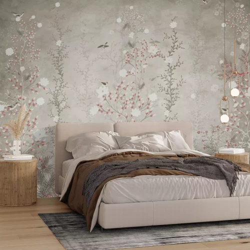 Papier peint  Végétation luxuriante dans la prairie avec des oiseaux