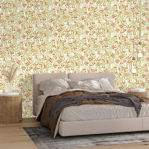 Papier peint  Petites fleurs rouges parmi les feuilles