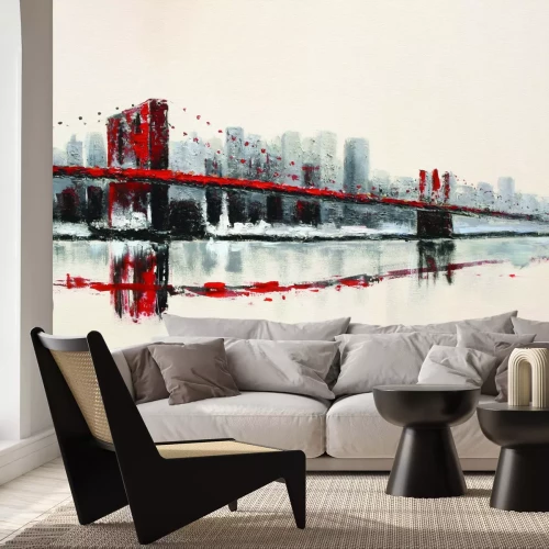 Papier peint  Pont rouge peint sur fond de ville