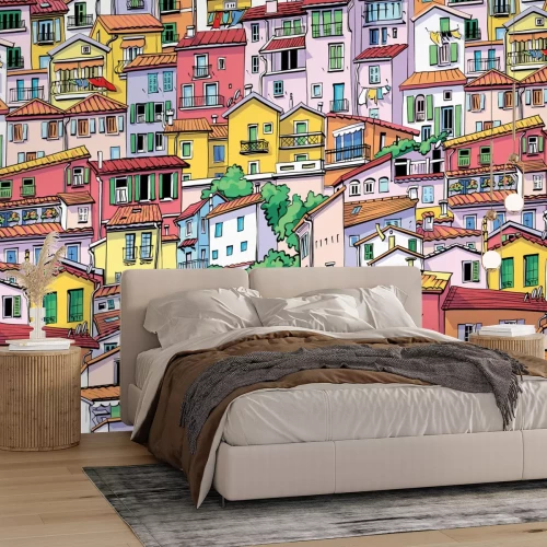 Papier peint  Paysage avec des maisons colorées