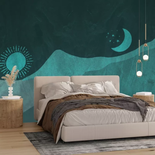 Papier peint  Dessin du désert avec le soleil et la lune