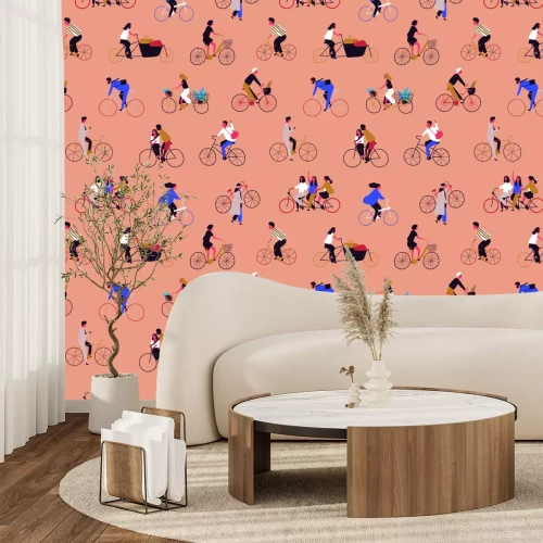 Papier peint  Des gens faisant du vélo sur un fond orange