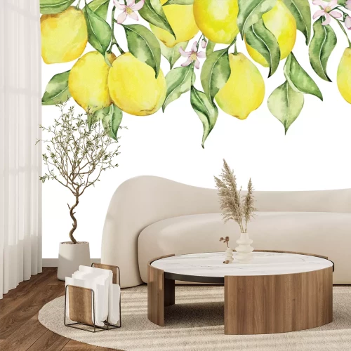 Papier peint  Citrons peints parmi les feuilles et les fleurs