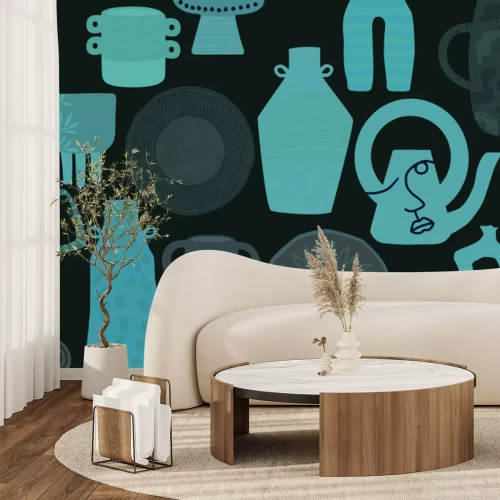 Papier peint  Assiettes avec des tasses et des théières