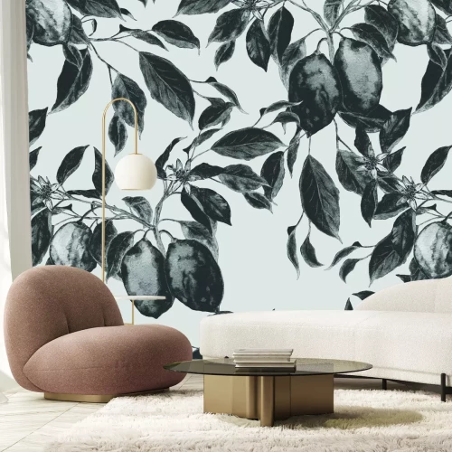 Papier peint  Motif d'arbre fruitier en noir et blanc