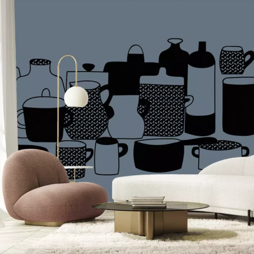 Papier peint  Dessin de casseroles et cruches en porcelaine