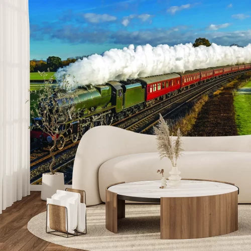 Papier peint  Train à vapeur traversant les champs